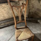 Paire de Chaises Vintage Art Nouveau en Bois Clair et Assise Paille Tressée