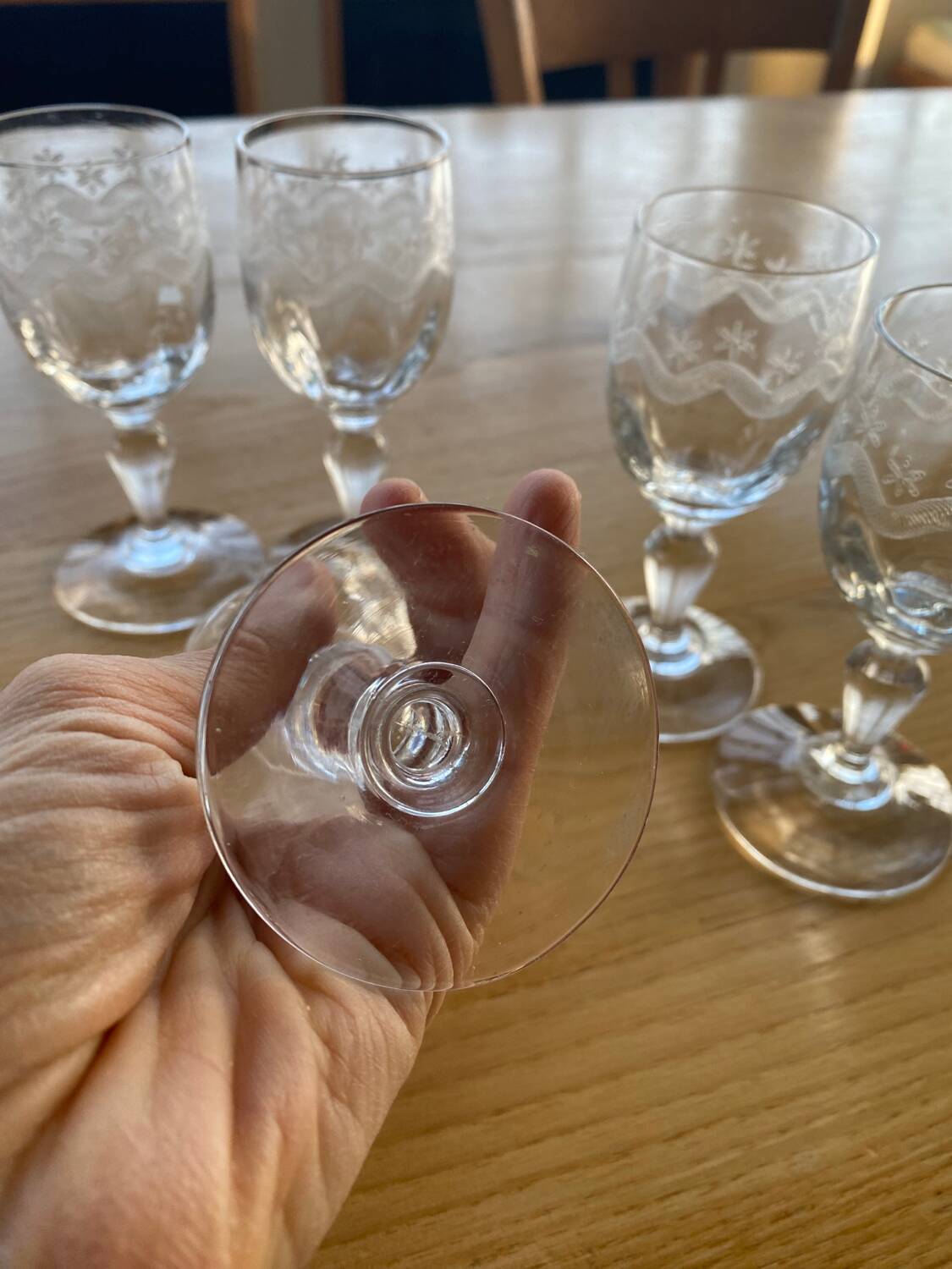 5 engraved port stemmed glasses