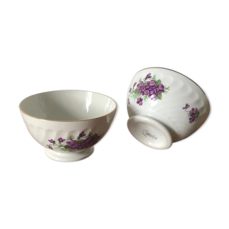 Duo de bols vintage en porcelaine blanche décor fleurs de violettes et liséré or / argent