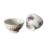 Duo de bols vintage en porcelaine blanche décor fleurs de violettes et liséré or / argent