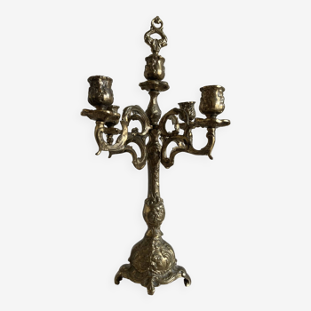 Large brass candlestick with 5 lights and its accessory for extinguishing candles