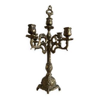 Large brass candlestick with 5 lights and its accessory for extinguishing candles