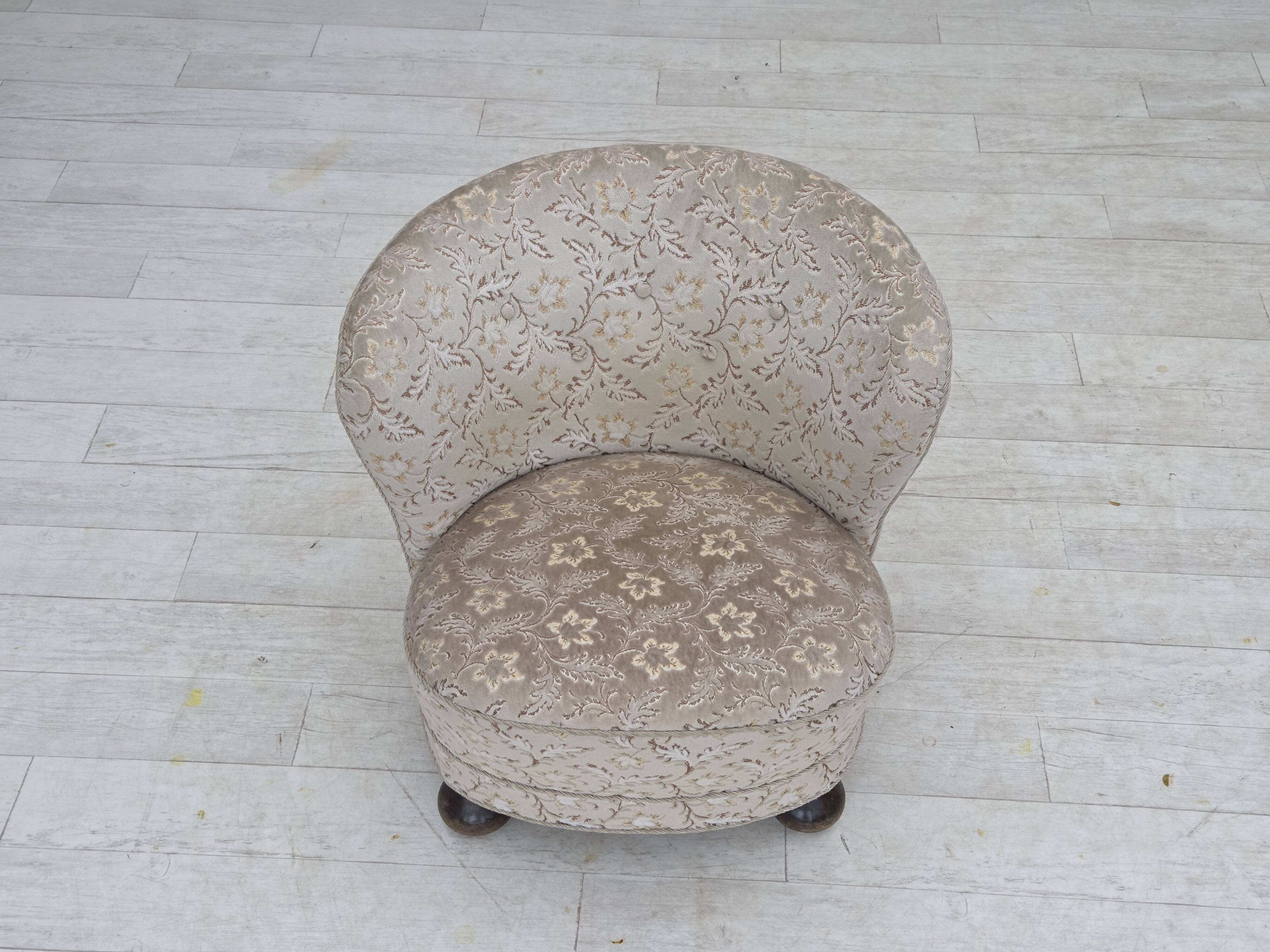 1970s, Danish curved armchair, original light green/gray furniture velour.