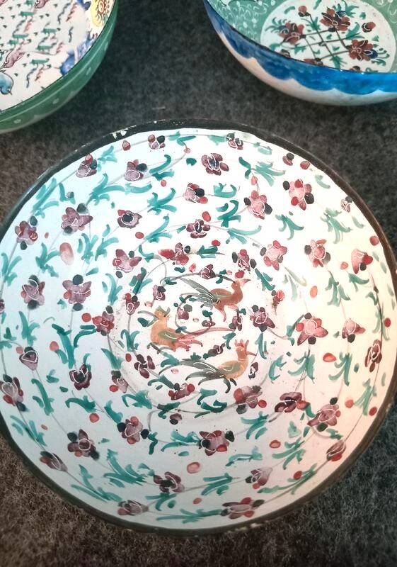 Set of 6 antique enameled copper bowls with Persian decoration