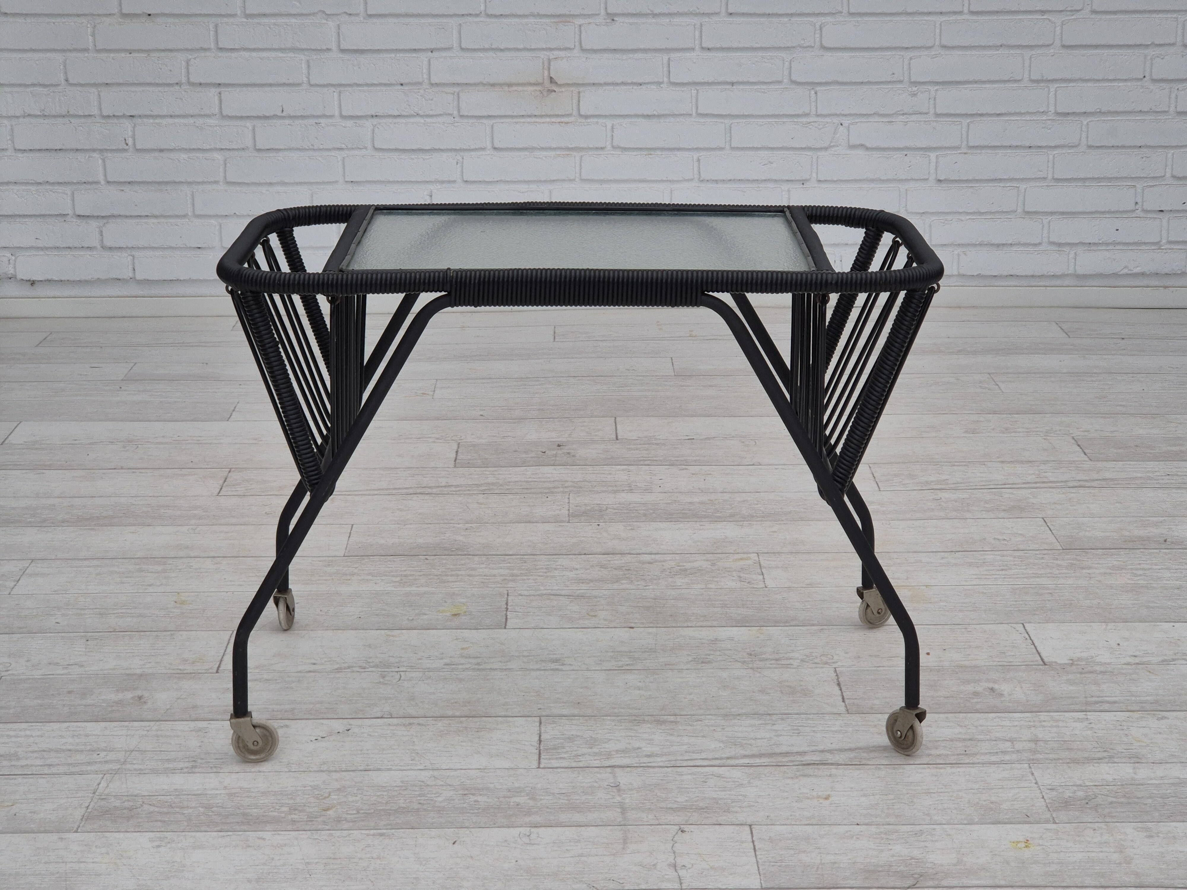 1970s, Scandinavian side table, original condition, glass, wood, metal, plastic rope.