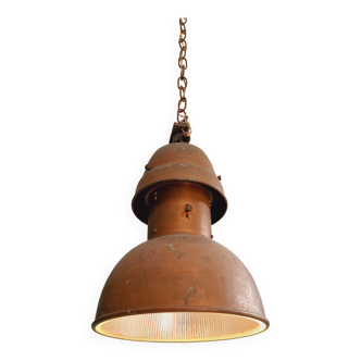 Industrial hanging lamp in copper and grooved glass, 1930s