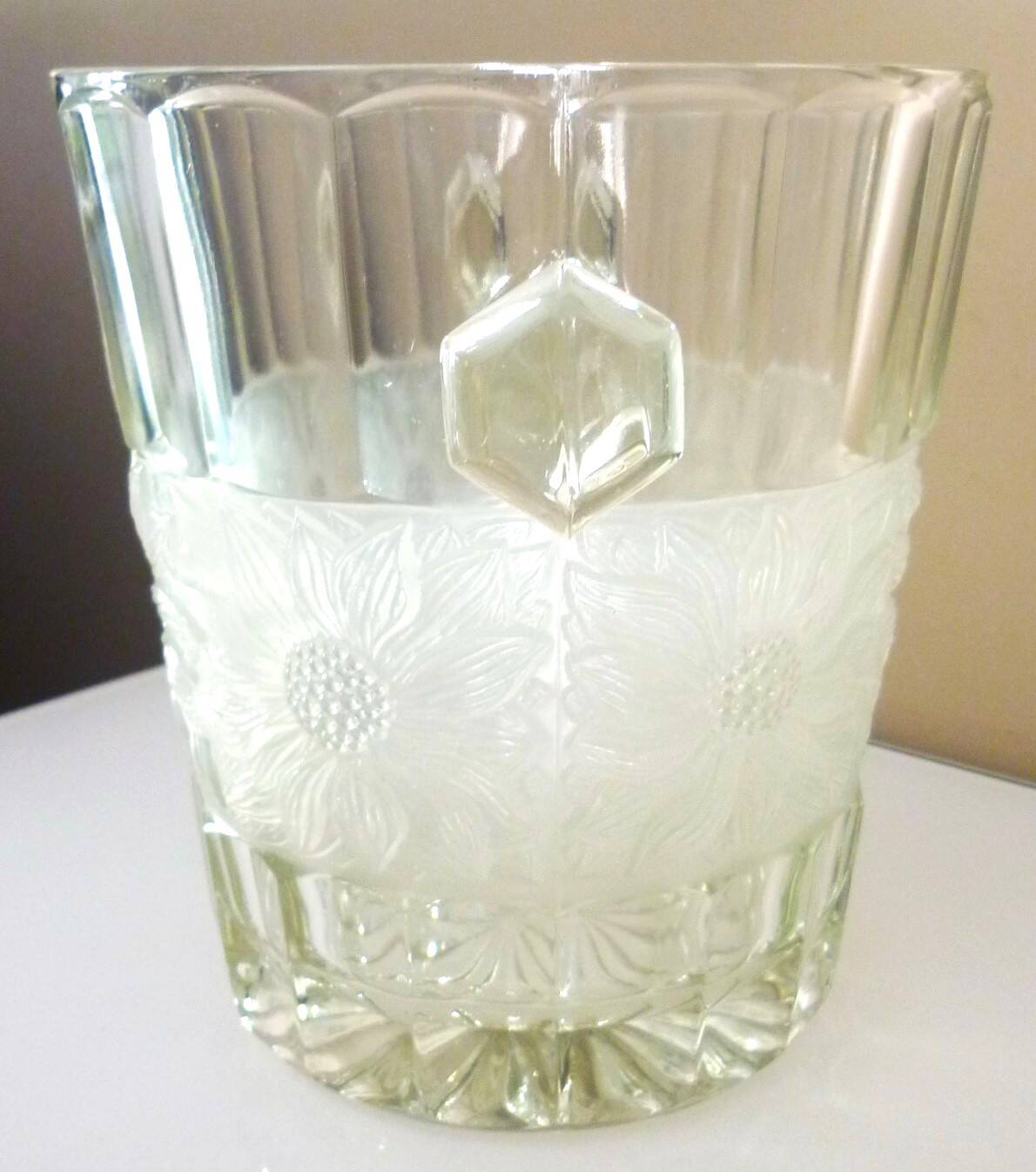 Champagne bucket, Art Deco style and period, thick, molded, frosted crystal