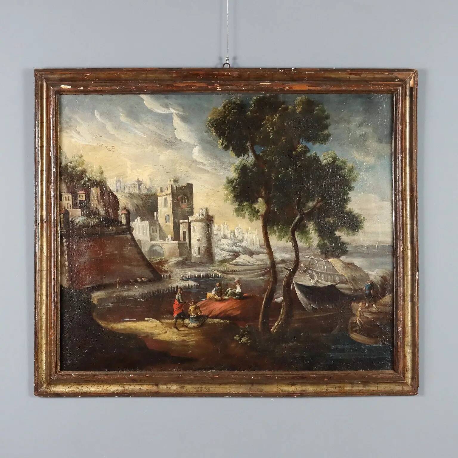 Old painting of a landscape with buildings, oil on canvas, 18th century.
