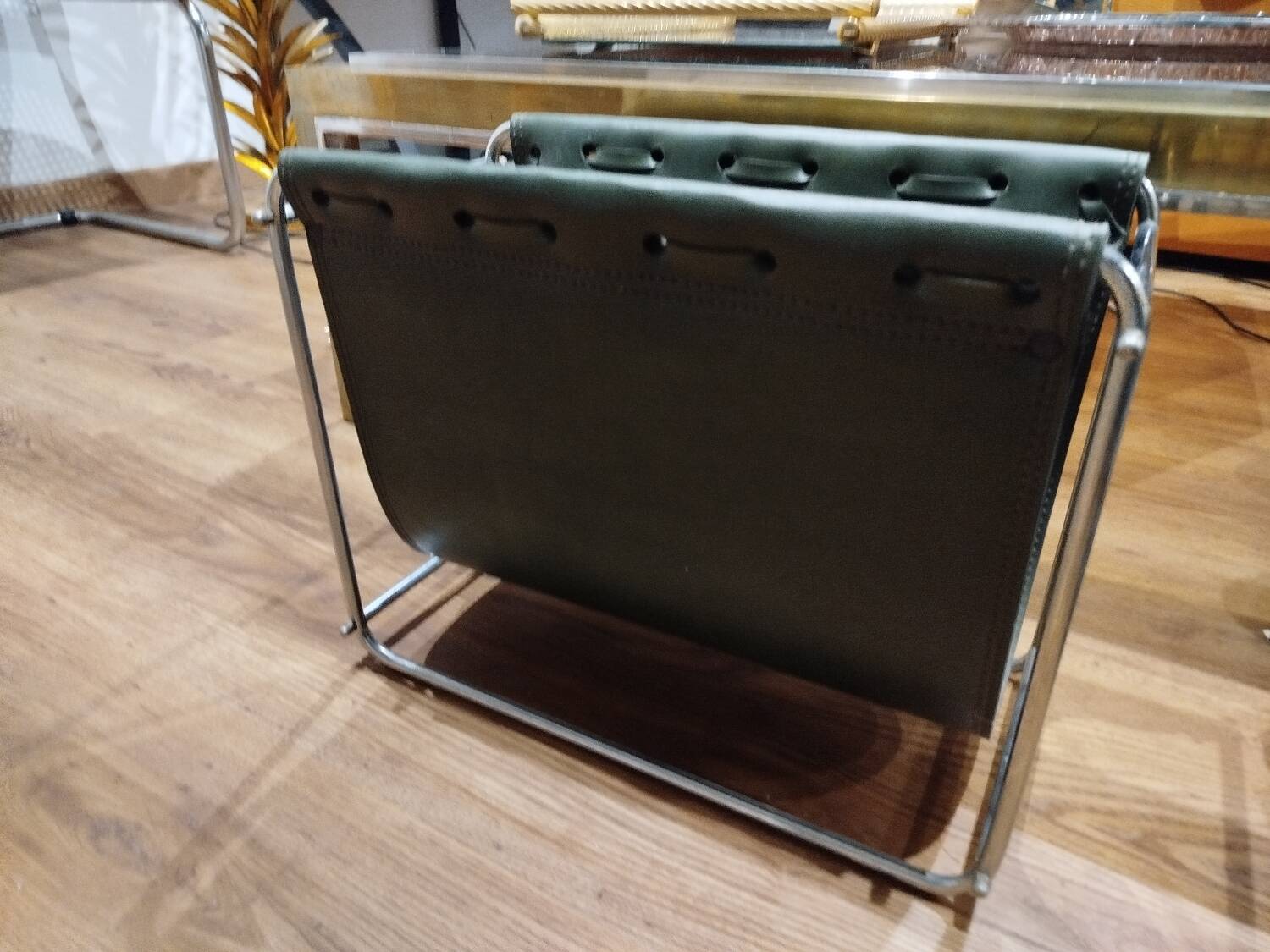 Designer leather magazine rack, 1970s