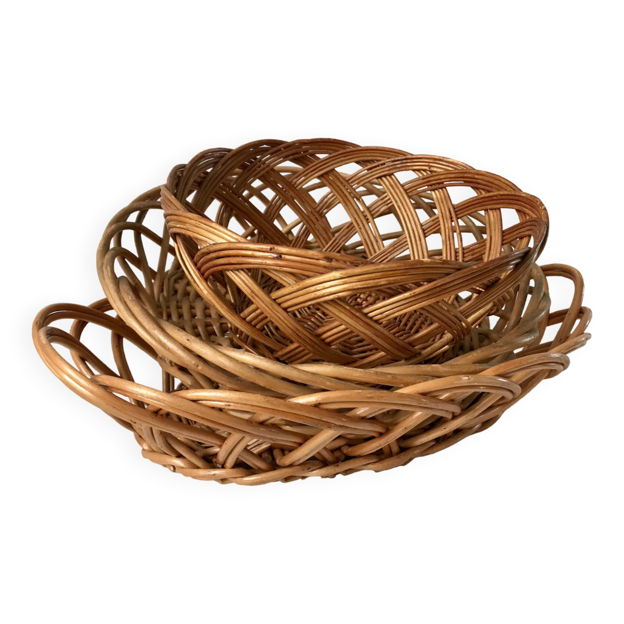 trio of woven rattan and bamboo baskets from the 60s and 70s