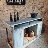Antique oak counter with zinc top and blue patina