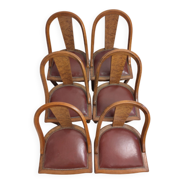 Lot de 6 chaises anciennes - Style Art Déco- Loupe de bois et cuir