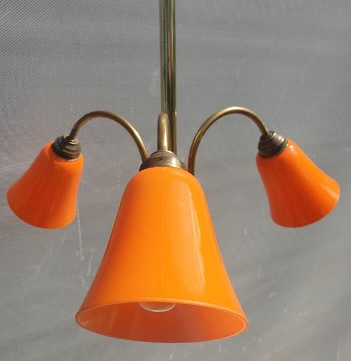 Brass chandelier 3 tulips orange Casimir 1970