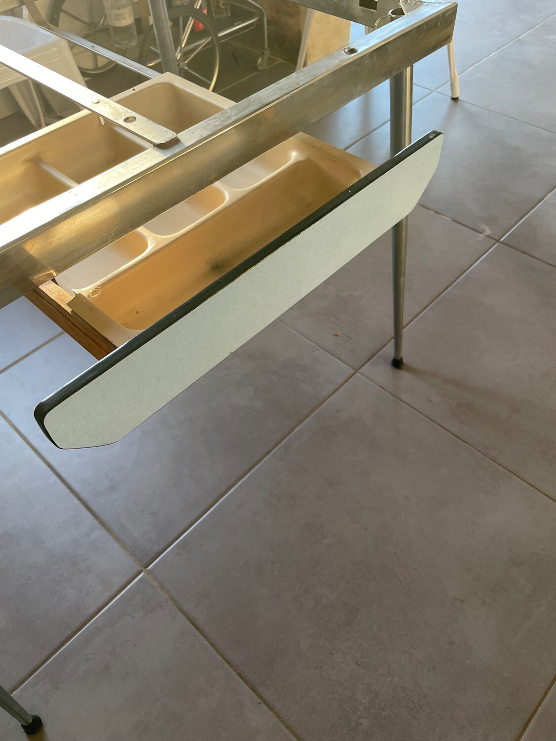 Blue Formica table for 4 to 6 people