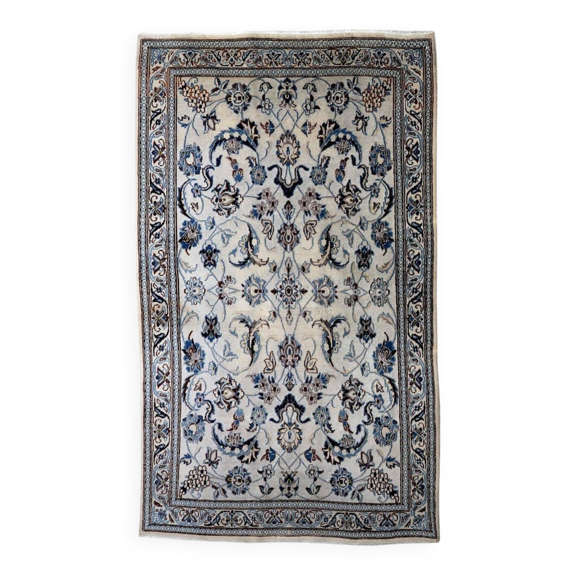 1950s hand-knotted wool rug with silk highlights, ivory and blue, 118 × 200 cm