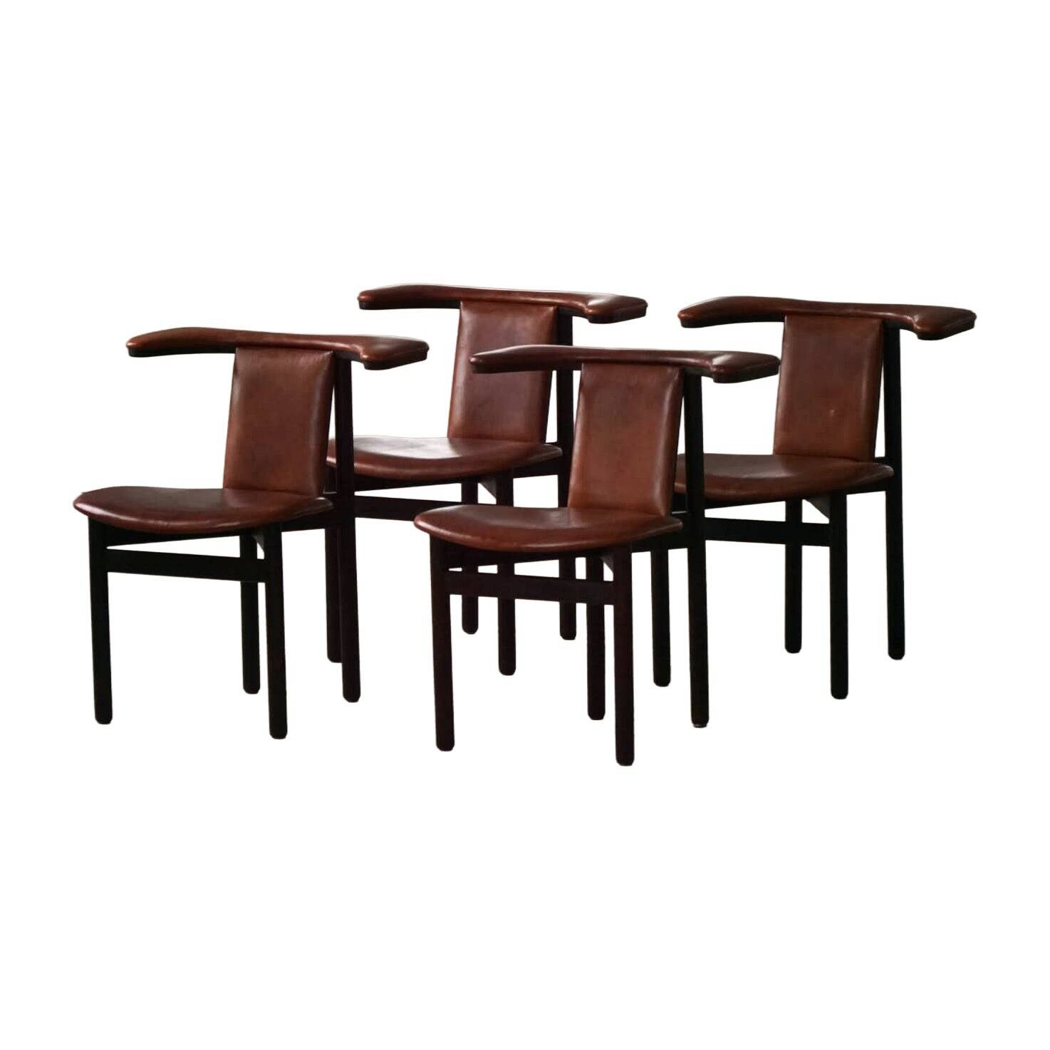 Hans Olsen, Set of 4 Frederik VII dining chairs, oak and leather, mid-20th century