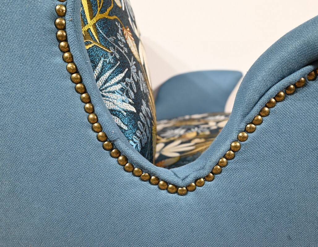 2-Seater Bench in Azure Blue Fabric – 1940s