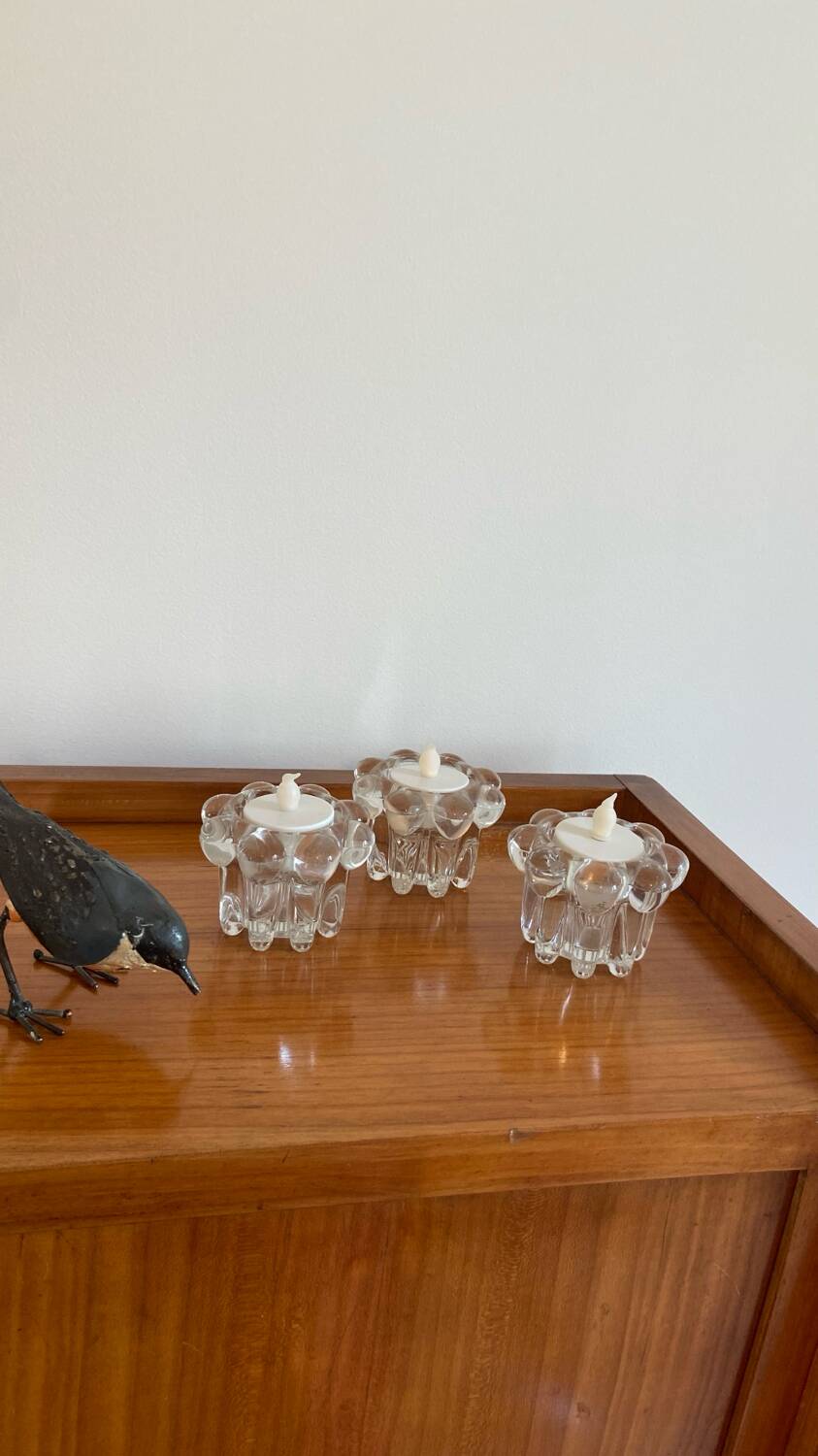 Trio of flower candle holders in molded glass from Reims