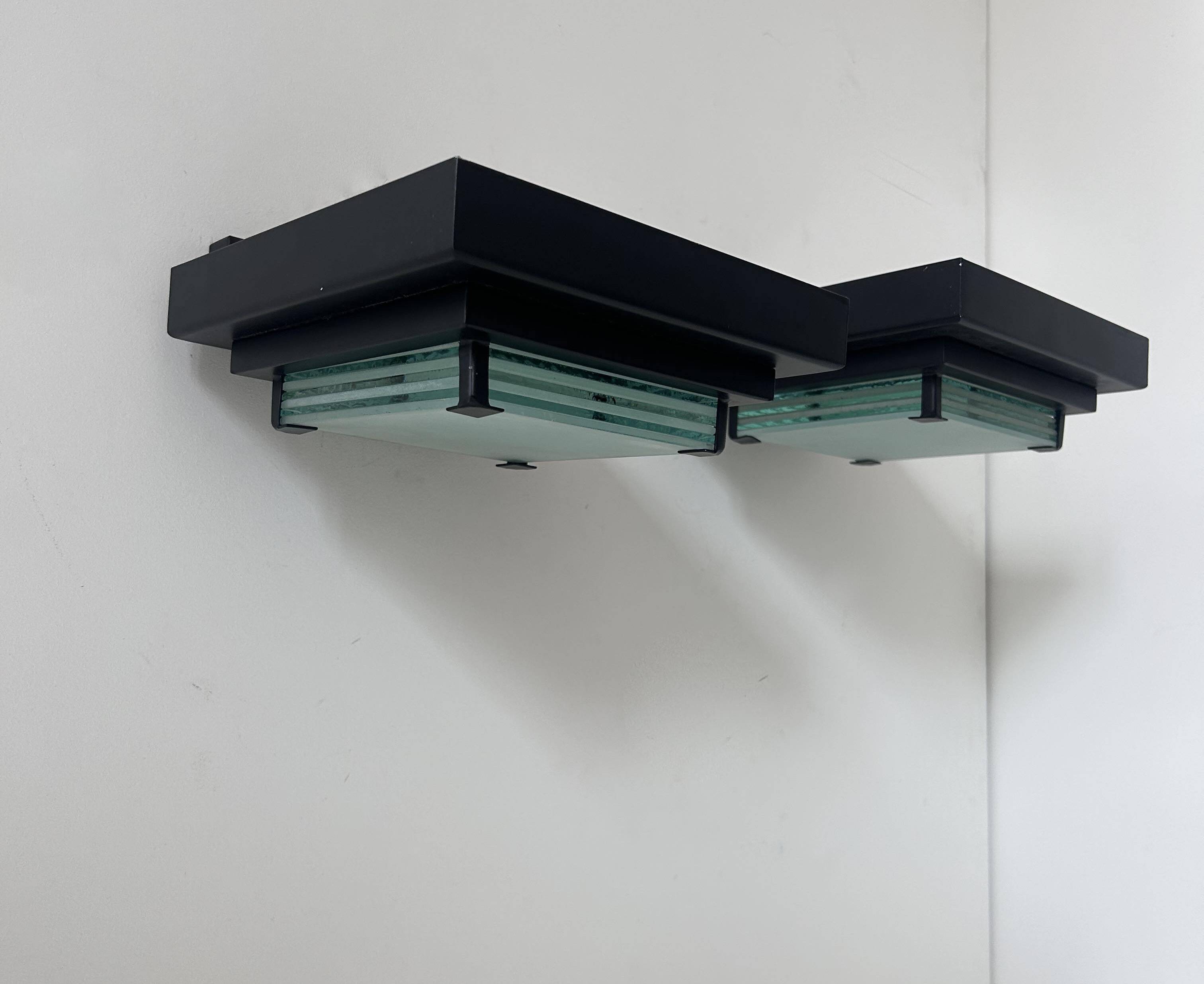 Pair of vintage post modernist wall lights, glass and sandblasted glass, France 1980