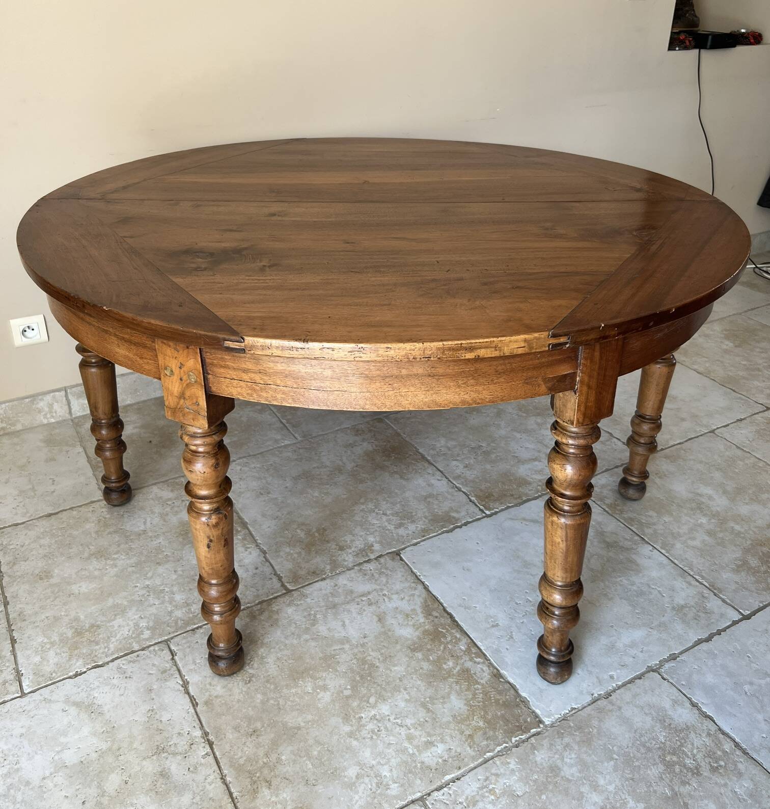 Louis-Philippe XIXth century demi-lune console table in solid walnut – seats 6 people.
