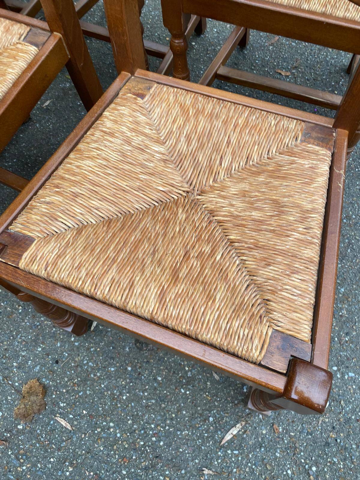 6 solid oak dining chairs with straw seats, 104cm