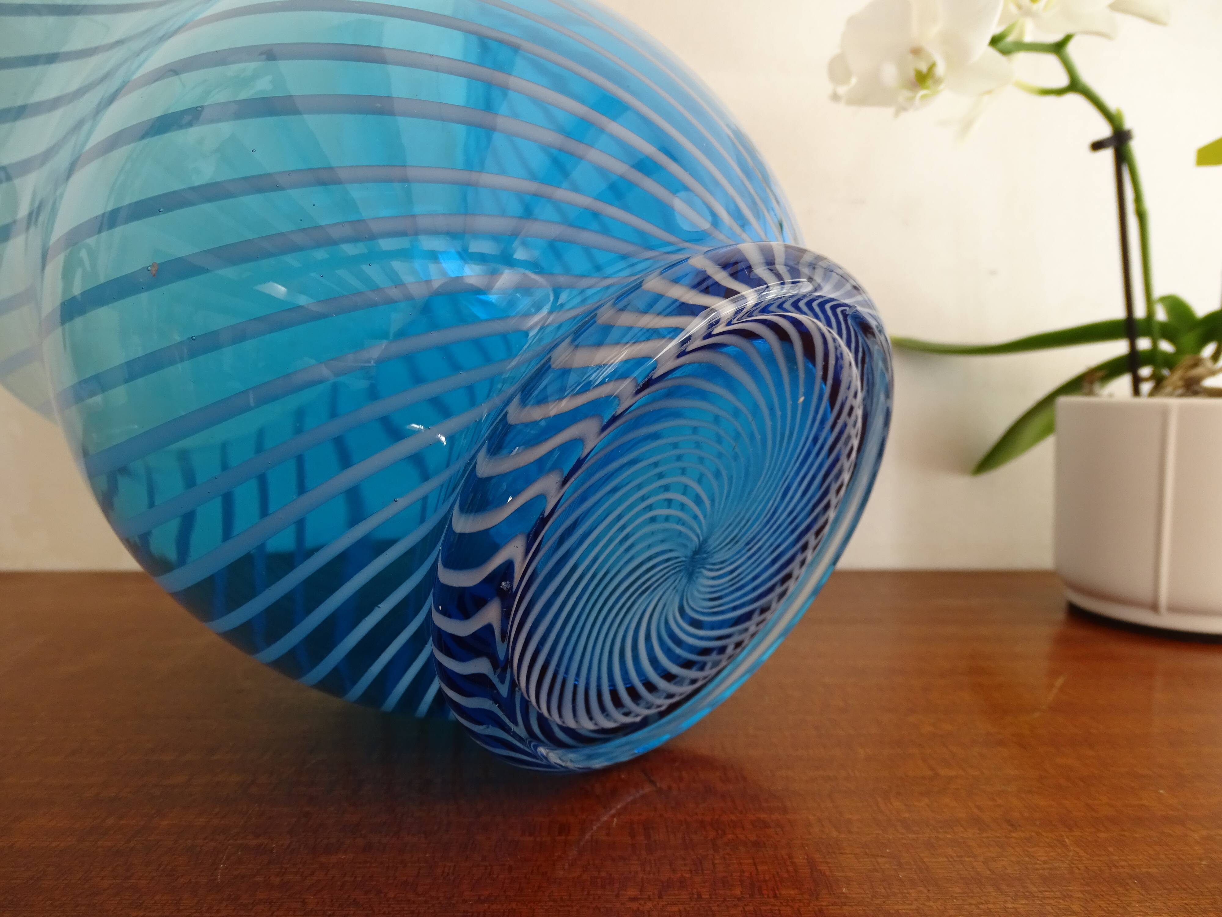 Blue spiral blown glass vase