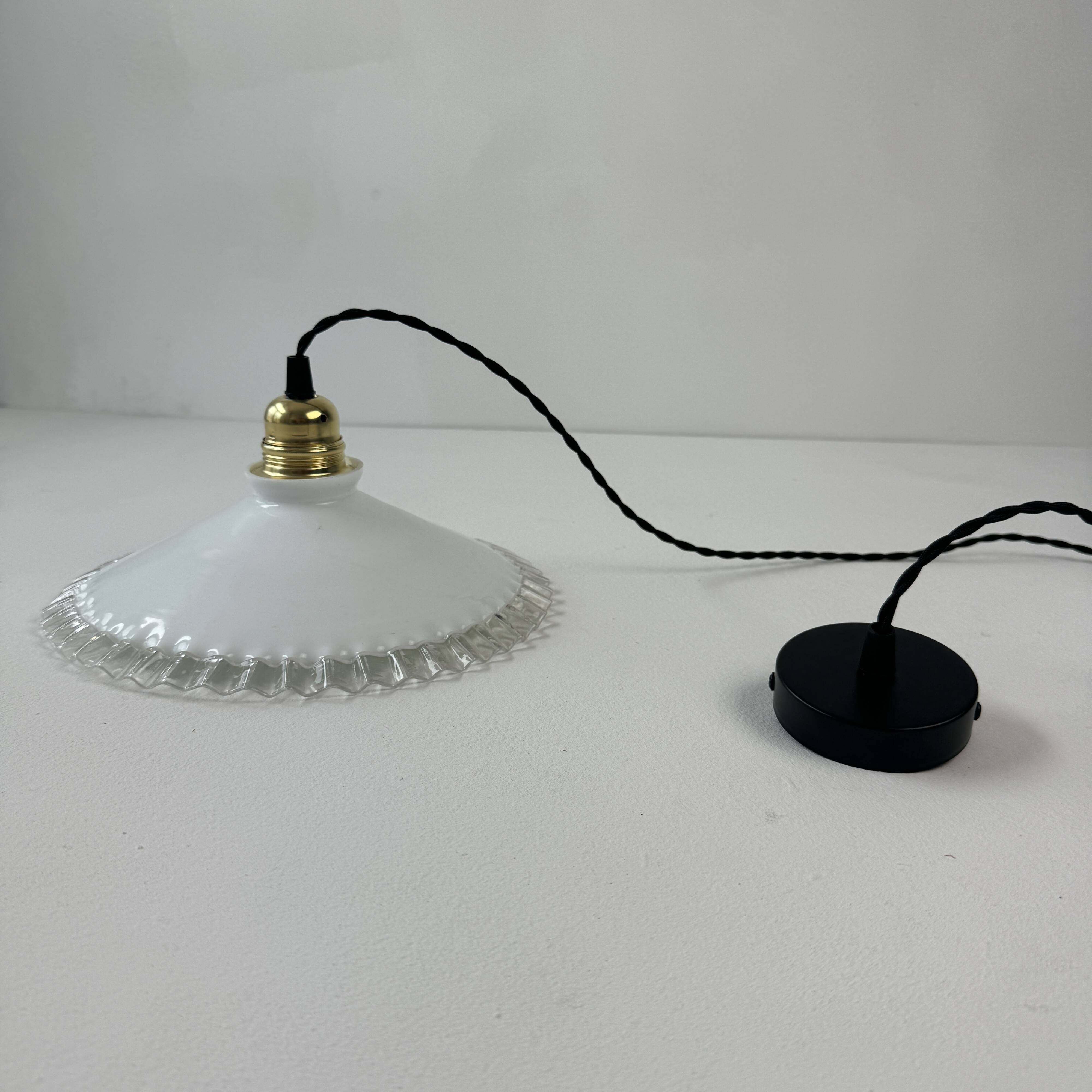 Antique lace-work pendant light in vintage opal, 24.5 cm