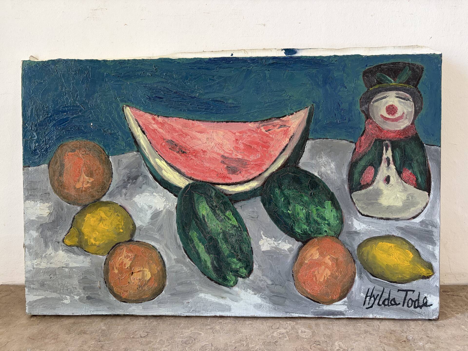 Still life, watermelon and clown, oil on canvas signed 1988