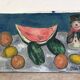 Still life, watermelon and clown, oil on canvas signed 1988
