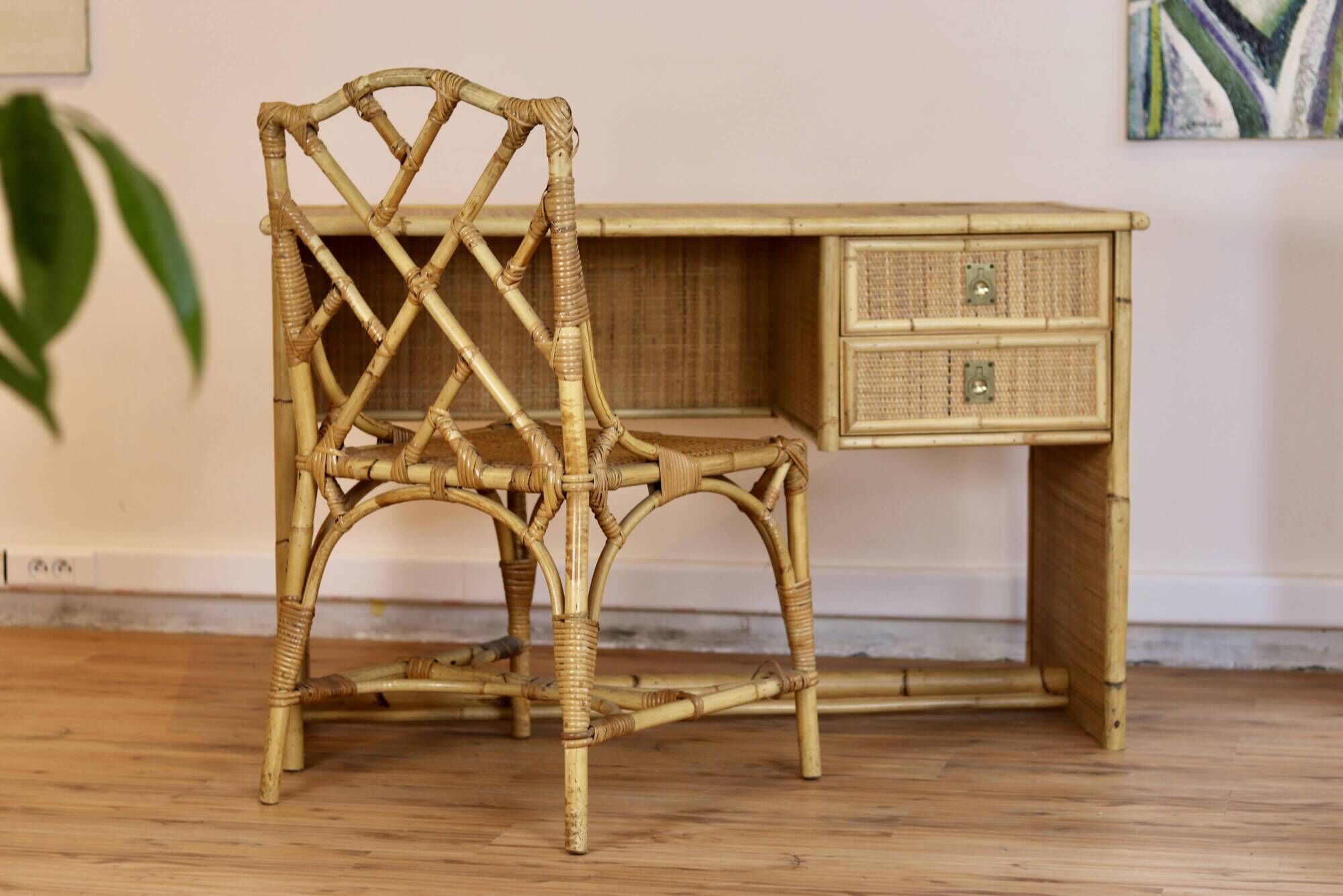 Dal Vera bamboo rattan desk and chair from the 1970s.