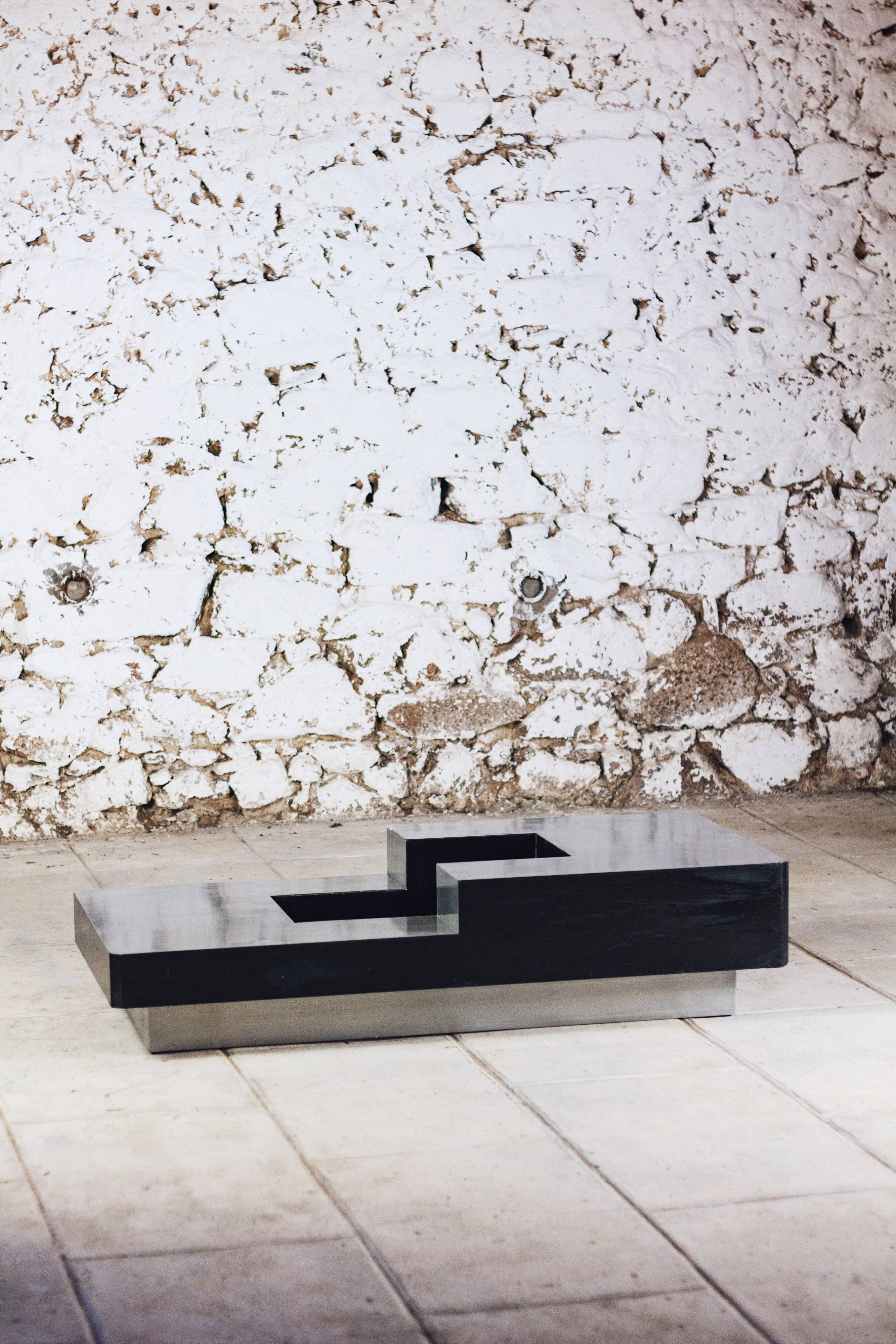 wood and steel bar coffee table, 1980