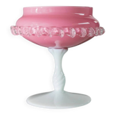 Vintage Empoli Glass Bowl in Pink Opaline with White Pedestal and Bead Trim - Murano-Style Mid-Century Italian Table Centerpiece