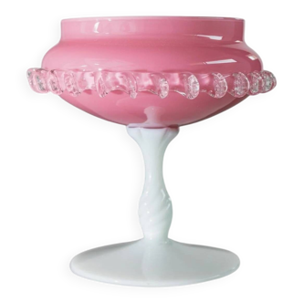 Vintage Empoli Glass Bowl in Pink Opaline with White Pedestal and Bead Trim - Murano-Style Mid-Century Italian Table Centerpiece
