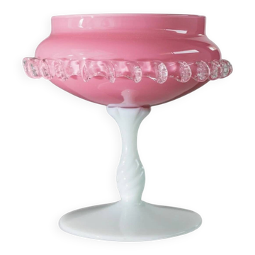 Vintage Empoli Glass Bowl in Pink Opaline with White Pedestal and Bead Trim - Murano-Style Mid-Century Italian Table Centerpiece
