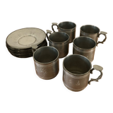 6 cups and sub-cups in pewter motifs birds and flowers and Chinese inscription