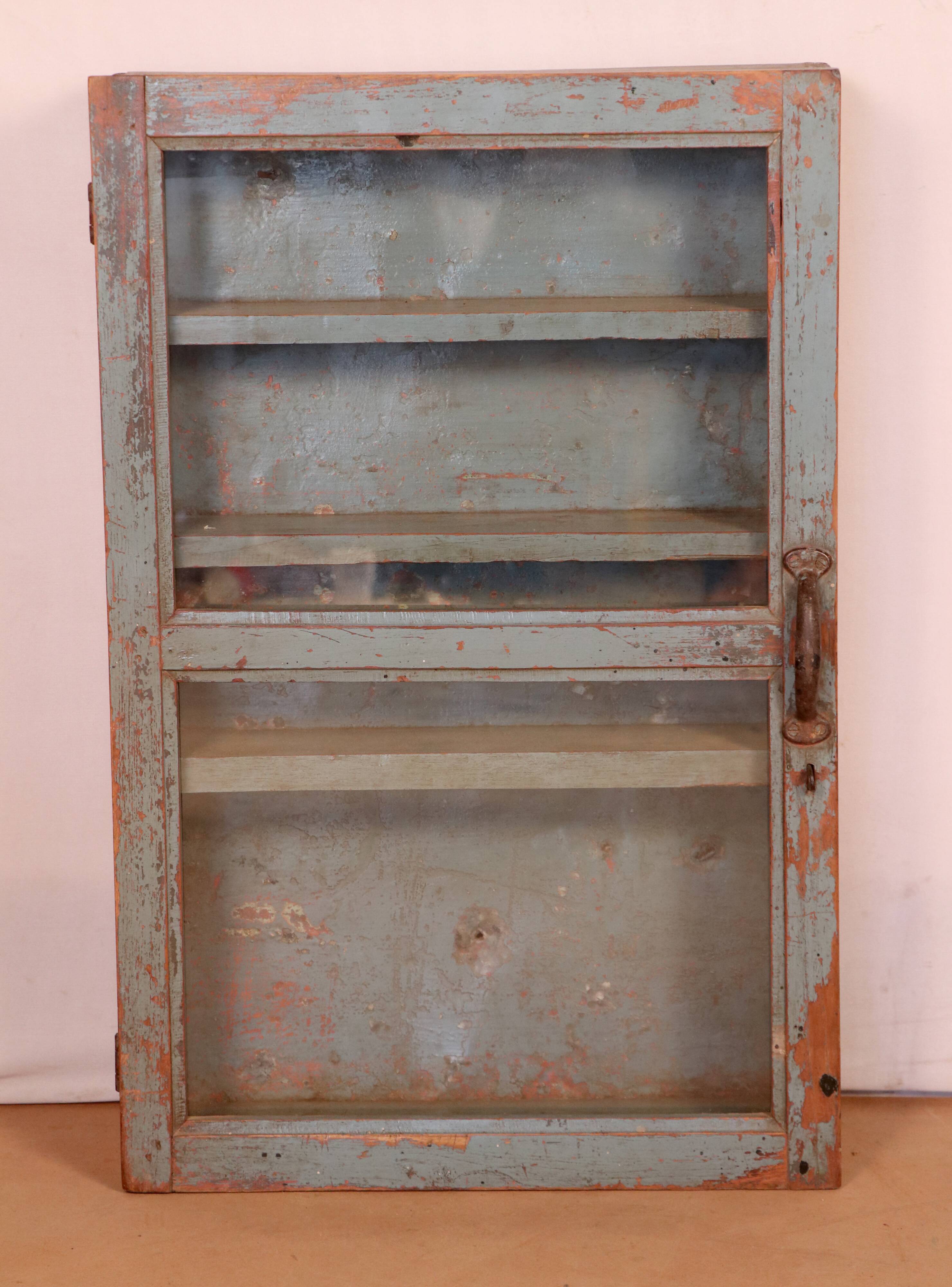 Old original grey-blue patina Burmese teak wall display case