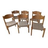 Set of 6 stackable chairs in beech and jute.