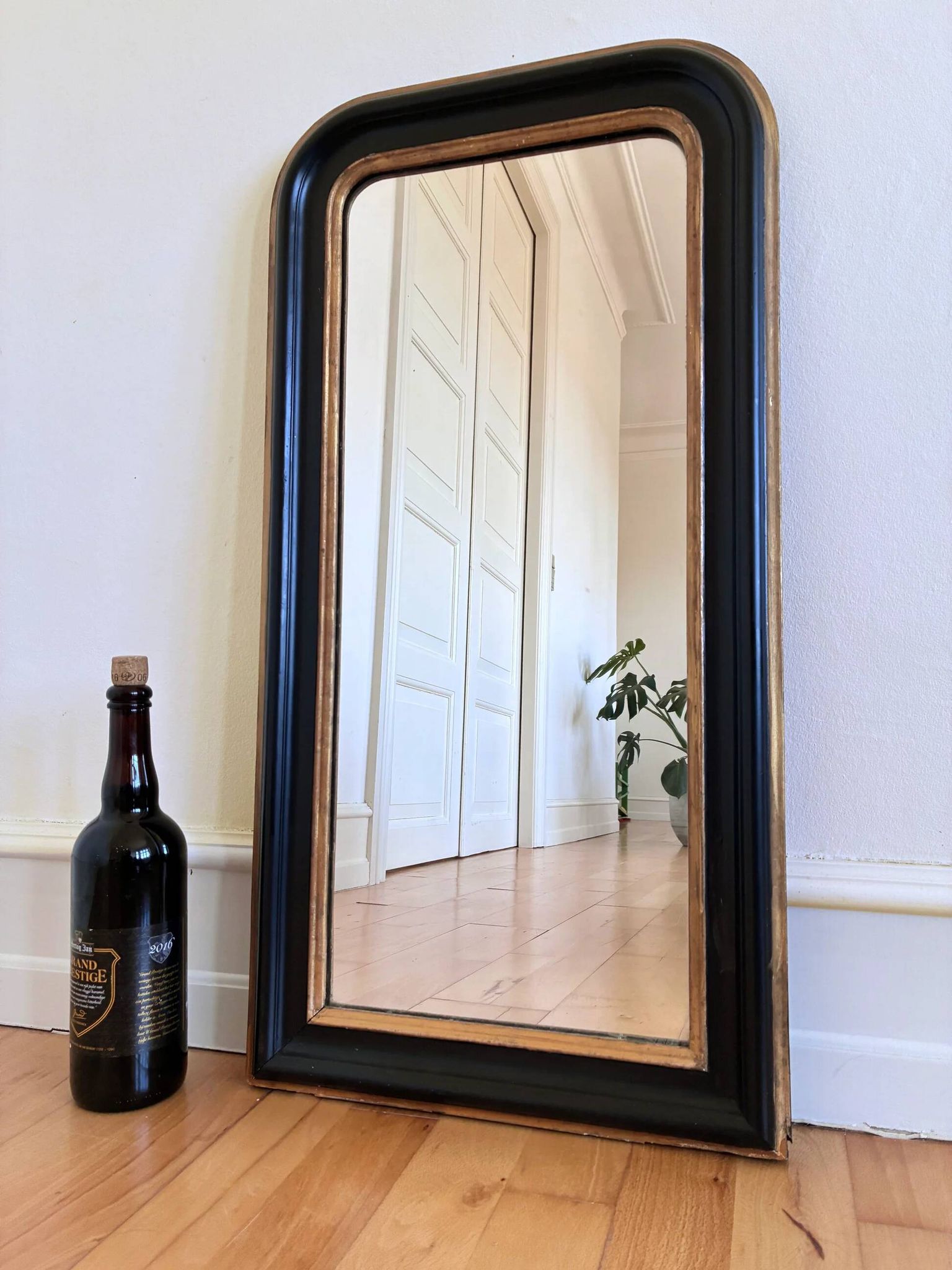 Antique French Louis Philippe full length mirror – black and gold, late 19th century