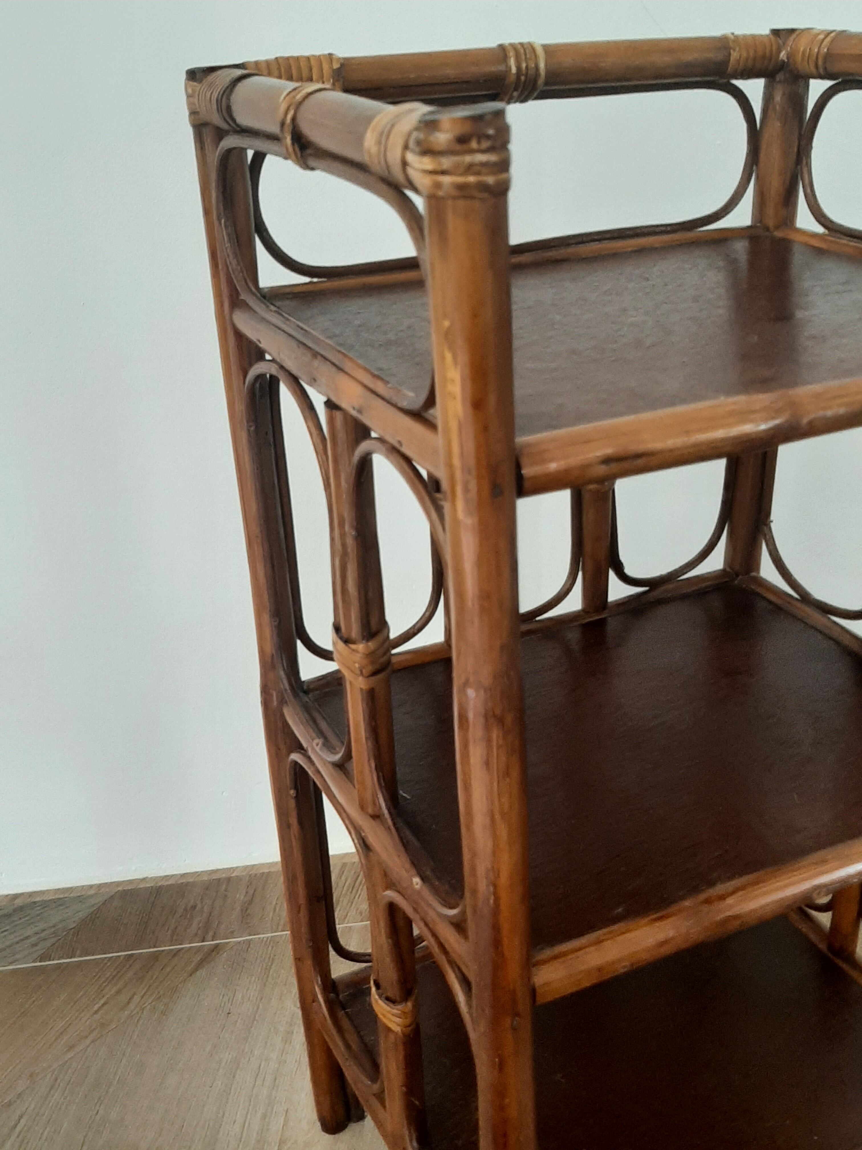 Vintage - set of 2 shelves of wooden floor, bamboo and rattan - 3 levels- retro 80s