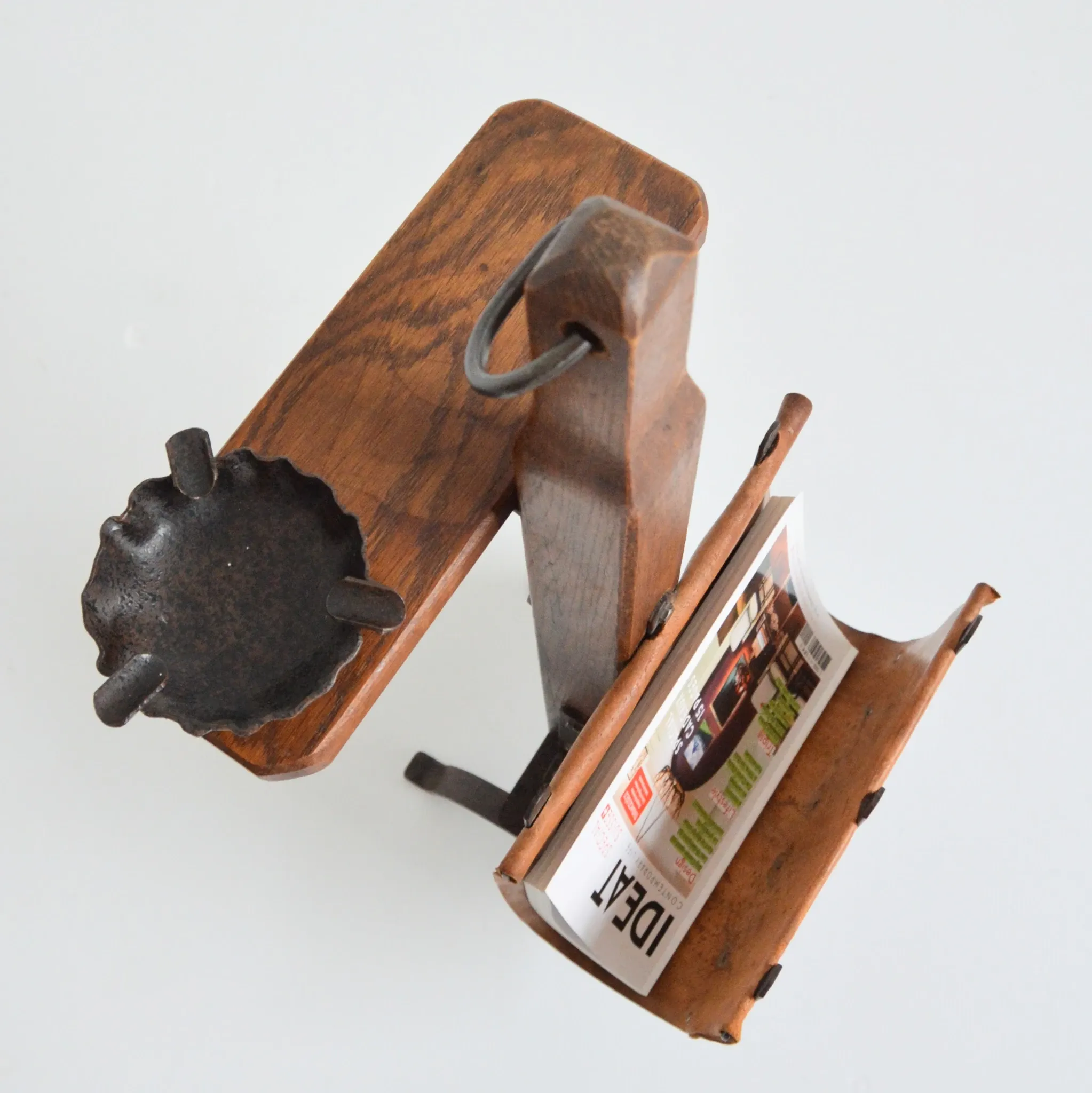 Vintage leather magazine rack with shelf and Brutalist / Rustic ashtray.