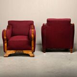 Paire de fauteuils Art déco d'ébéniste danois, revêtus de tissu de laine bordeaux