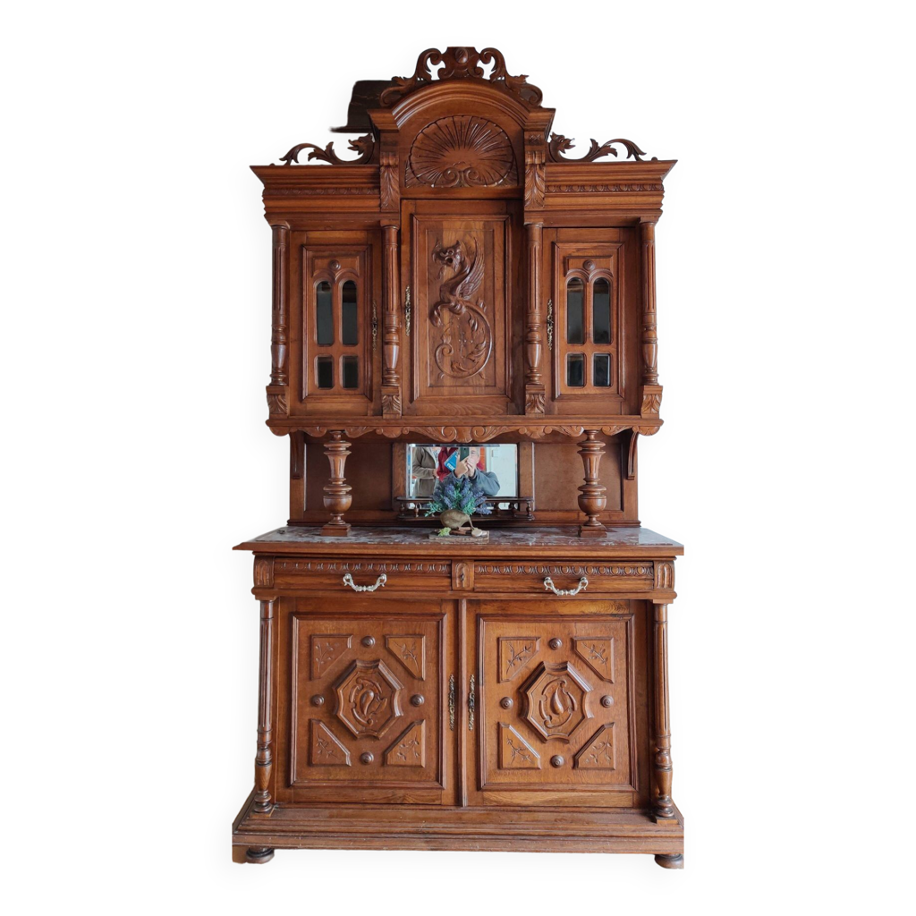 Buffet Bas Ancien Style Henri II – Bois Sculpté, 86x95x51cm, Une étagère, Marron