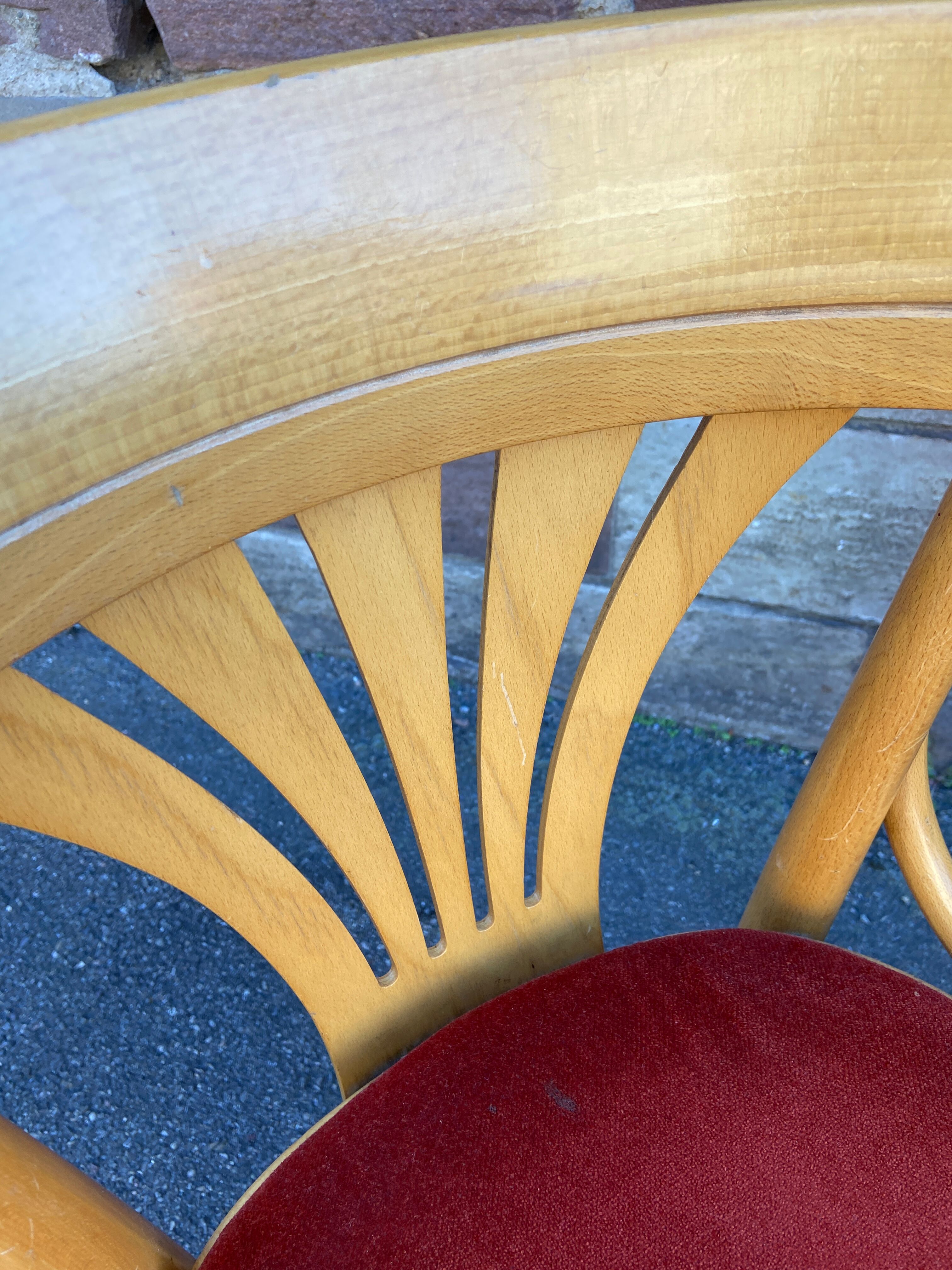 Pair of vintage 80s thonet Baumann style curved wood restaurant armchairs