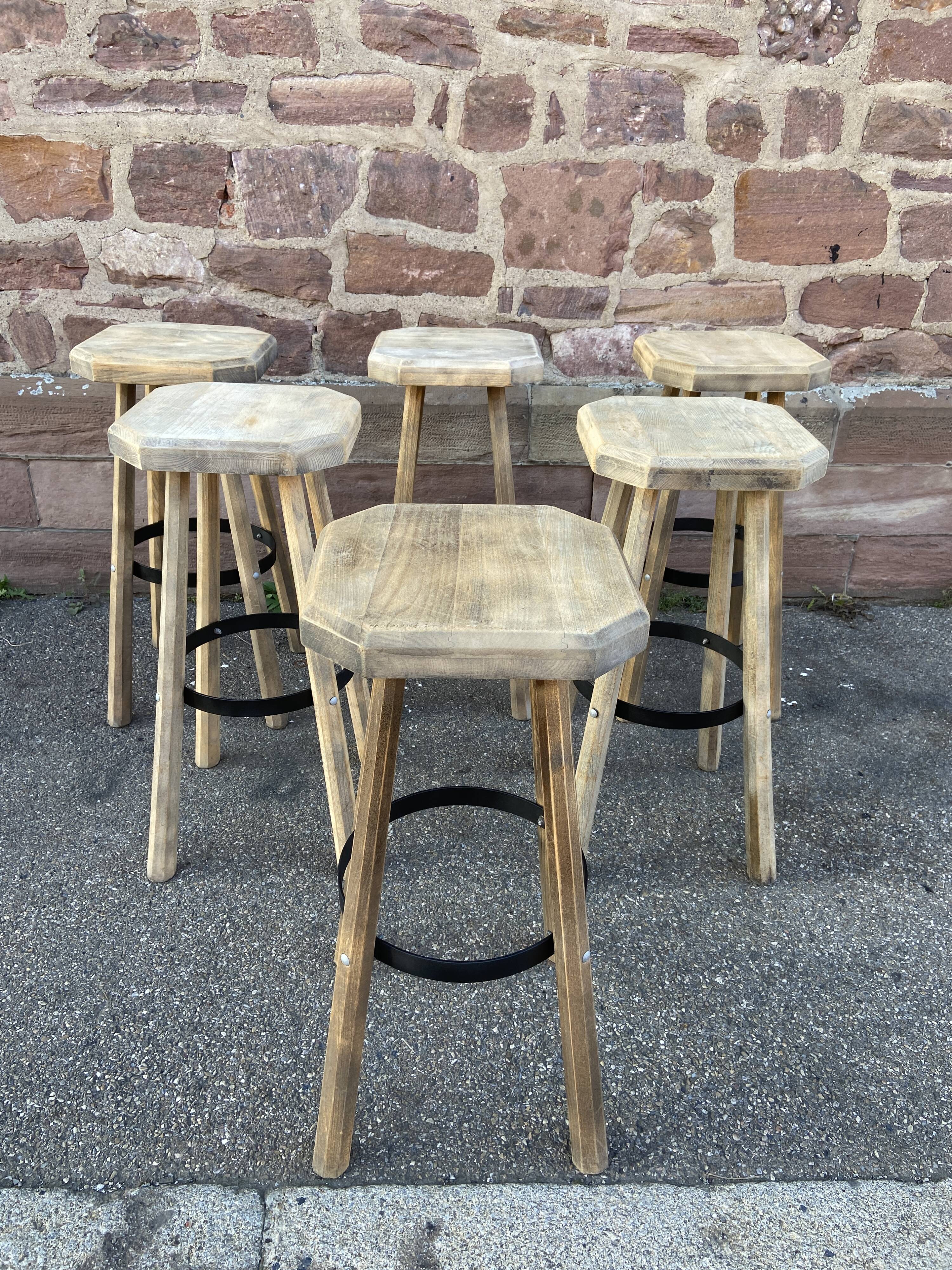 Wooden bar stool natural raw vintage 1970