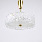 J.T. Kalmar Lustre pendant light in brass and textured glass, 1950s