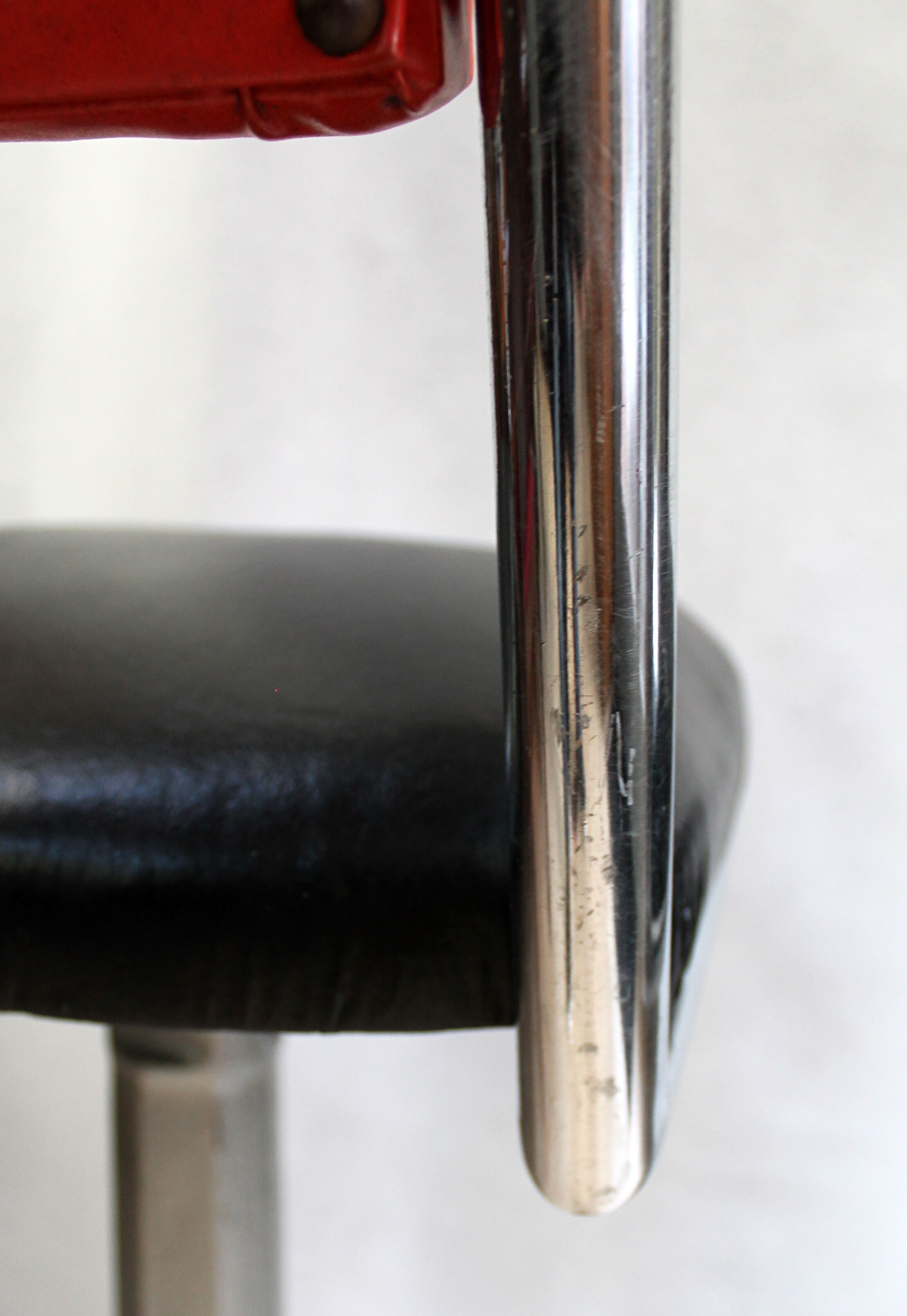 Vintage chrome metal bar stools wood and black and Red skai