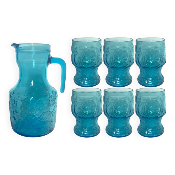 Service à limonade vintage Vemam en verre bleu embossé, Italie