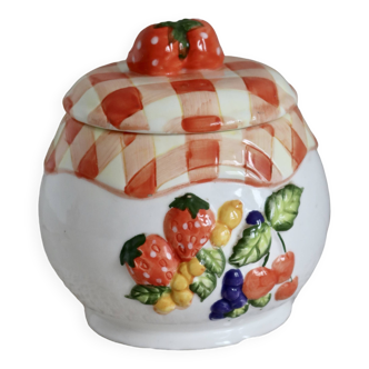 Vintage storage pot with red gingham slip and fruit patterns