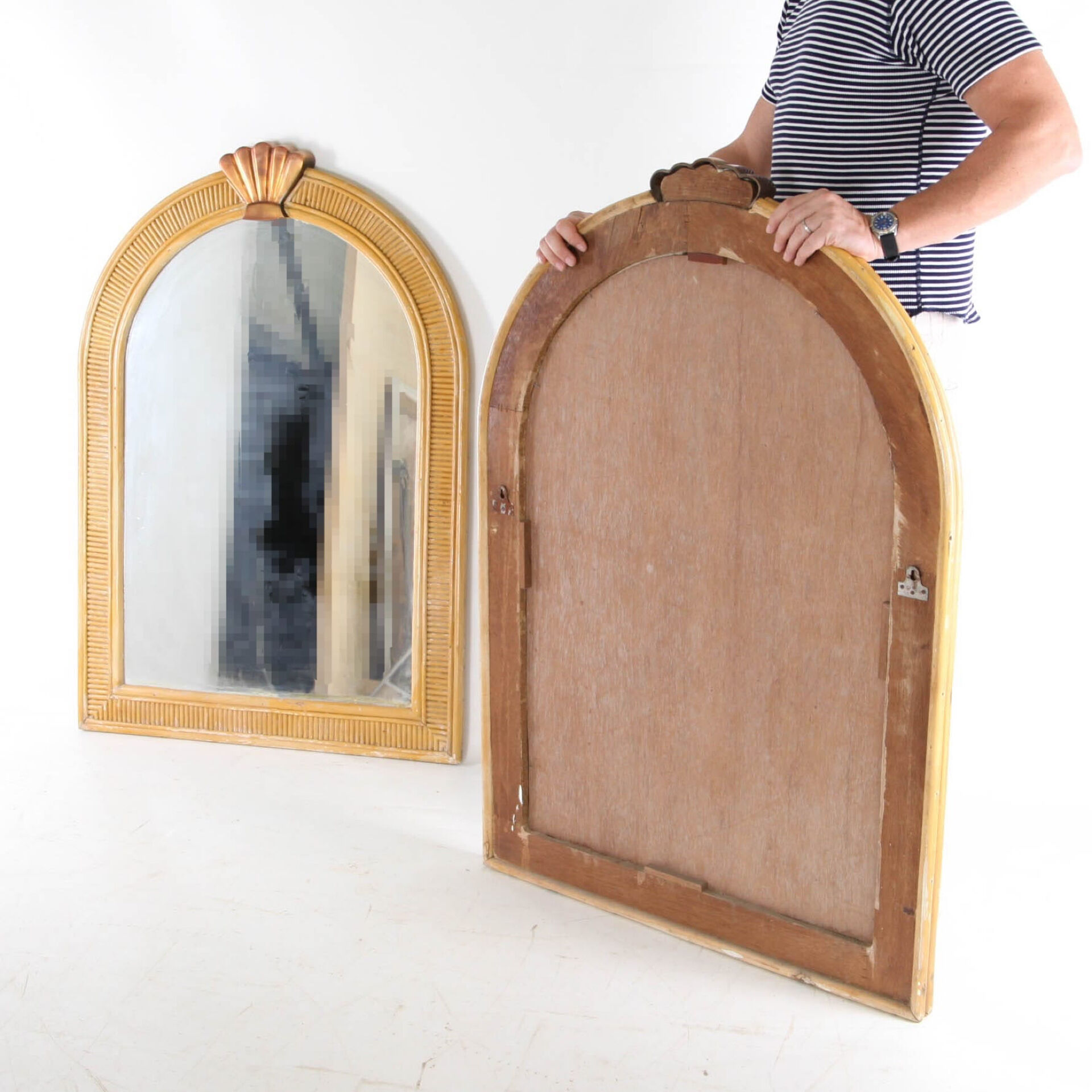 Pair of rattan and copper mirrors