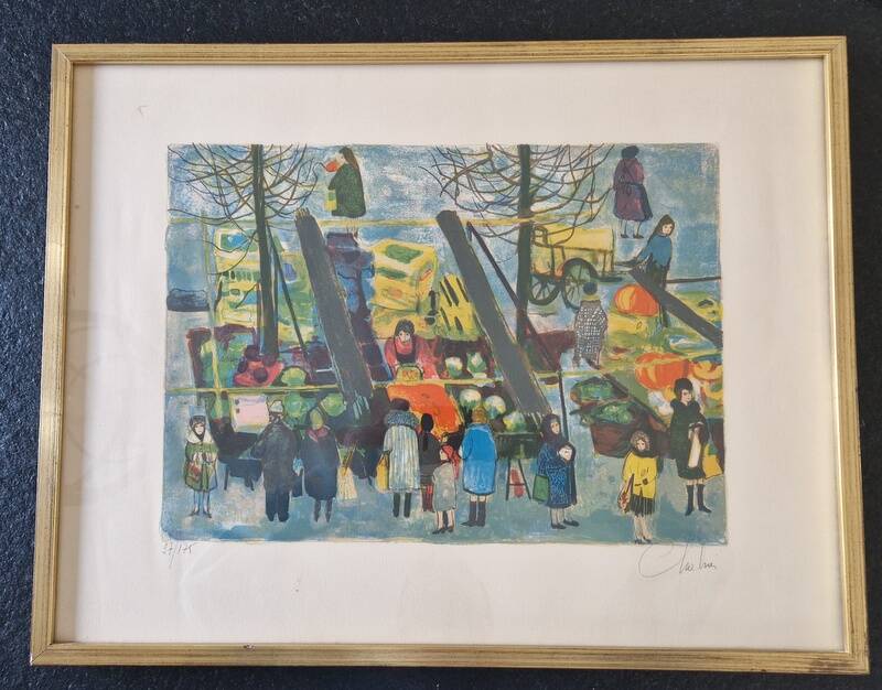 Lithographie en couleurs, Scène de marché, Nathalie Chabrier (née en 1932)